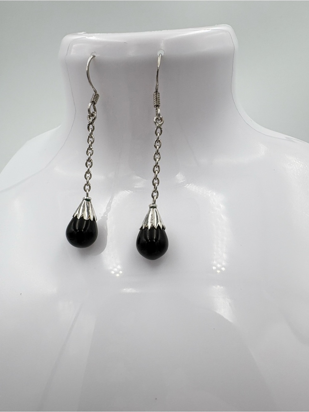 Classic 925 Sterling Silver Black Onyx Teardrop Dangle Earrings -